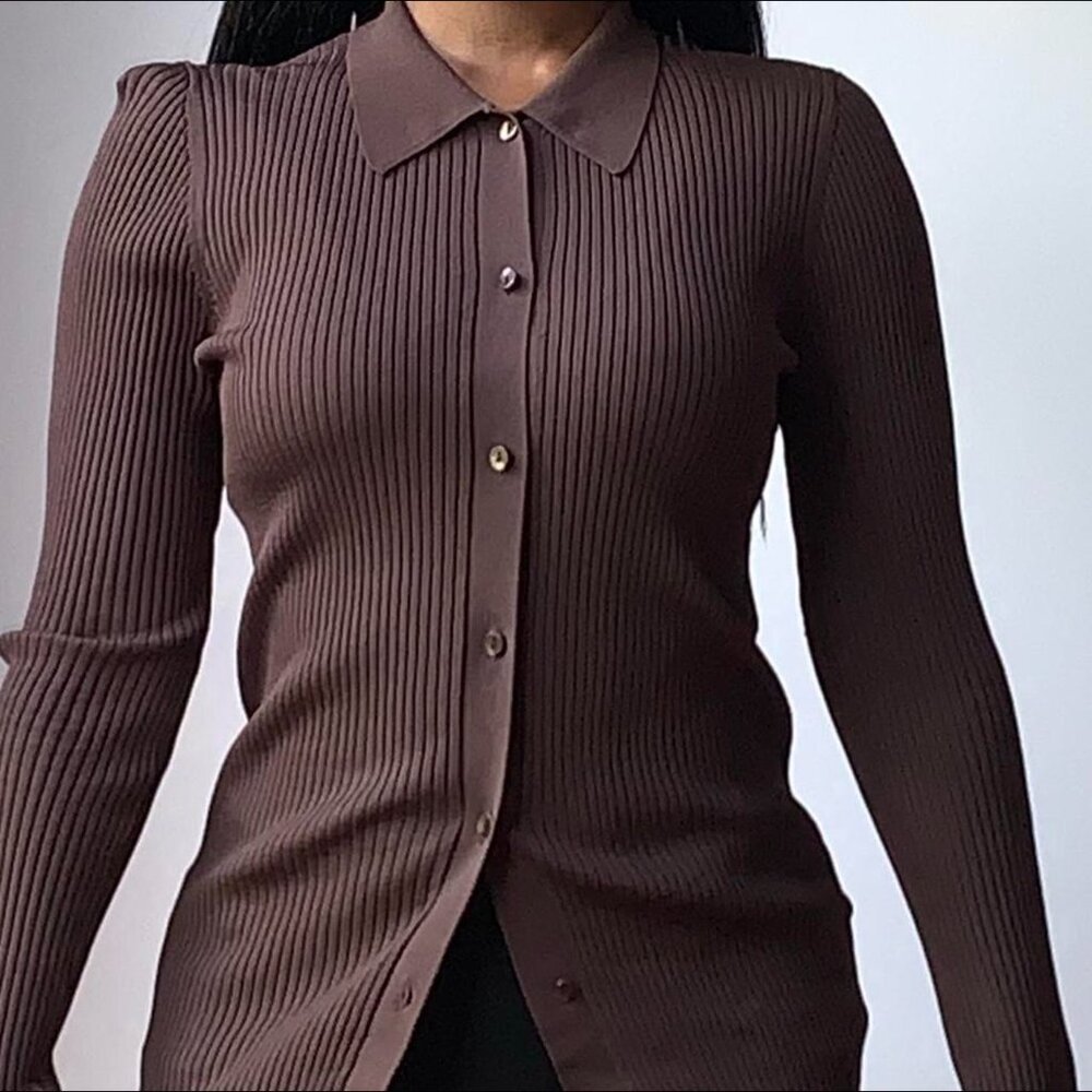 Babaton Chocolate Brown Ribbed Button-Down Top